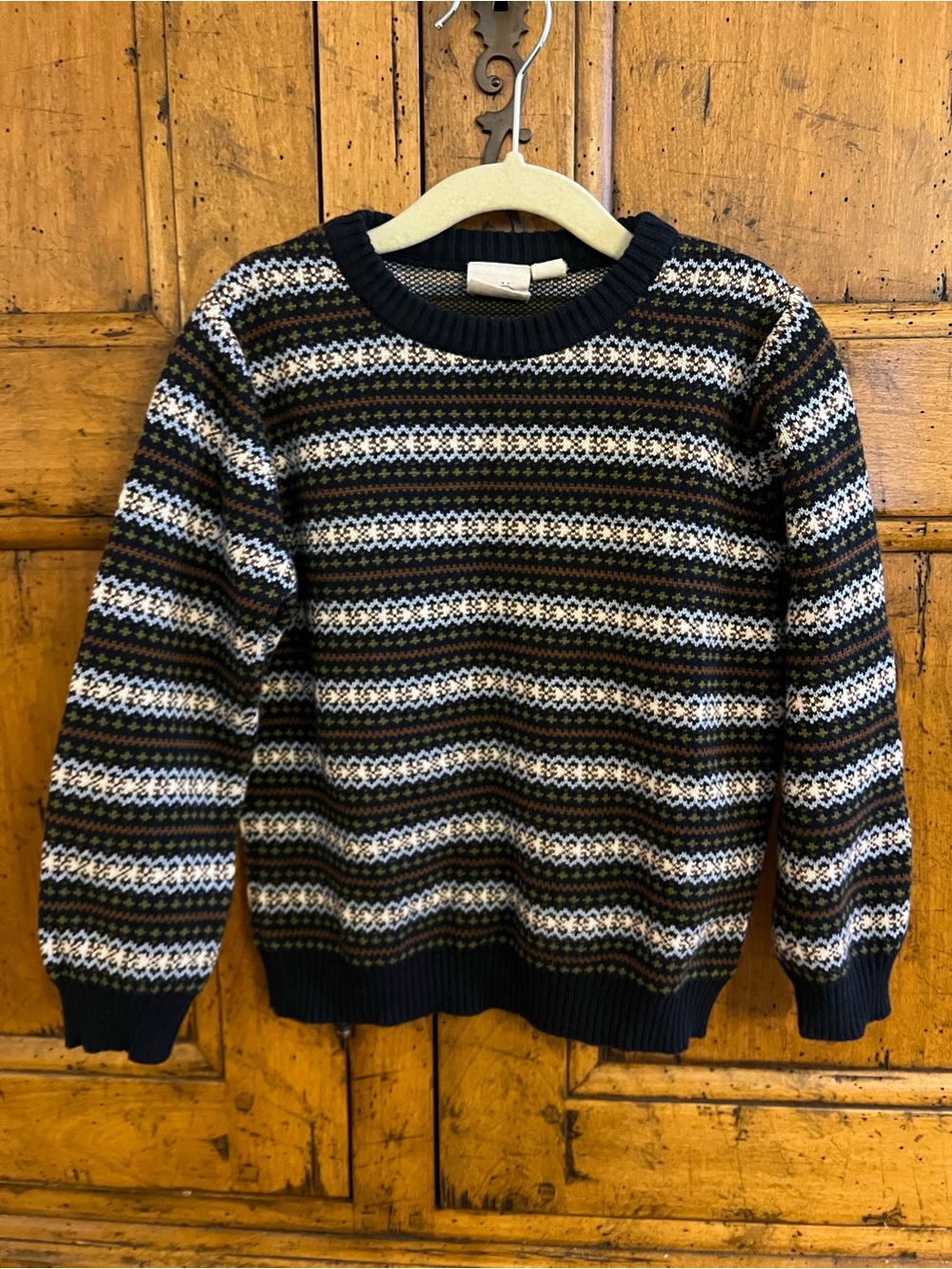 Floss - Kids Striped Fair Isle Knit Sweater - Navy, White & Olive